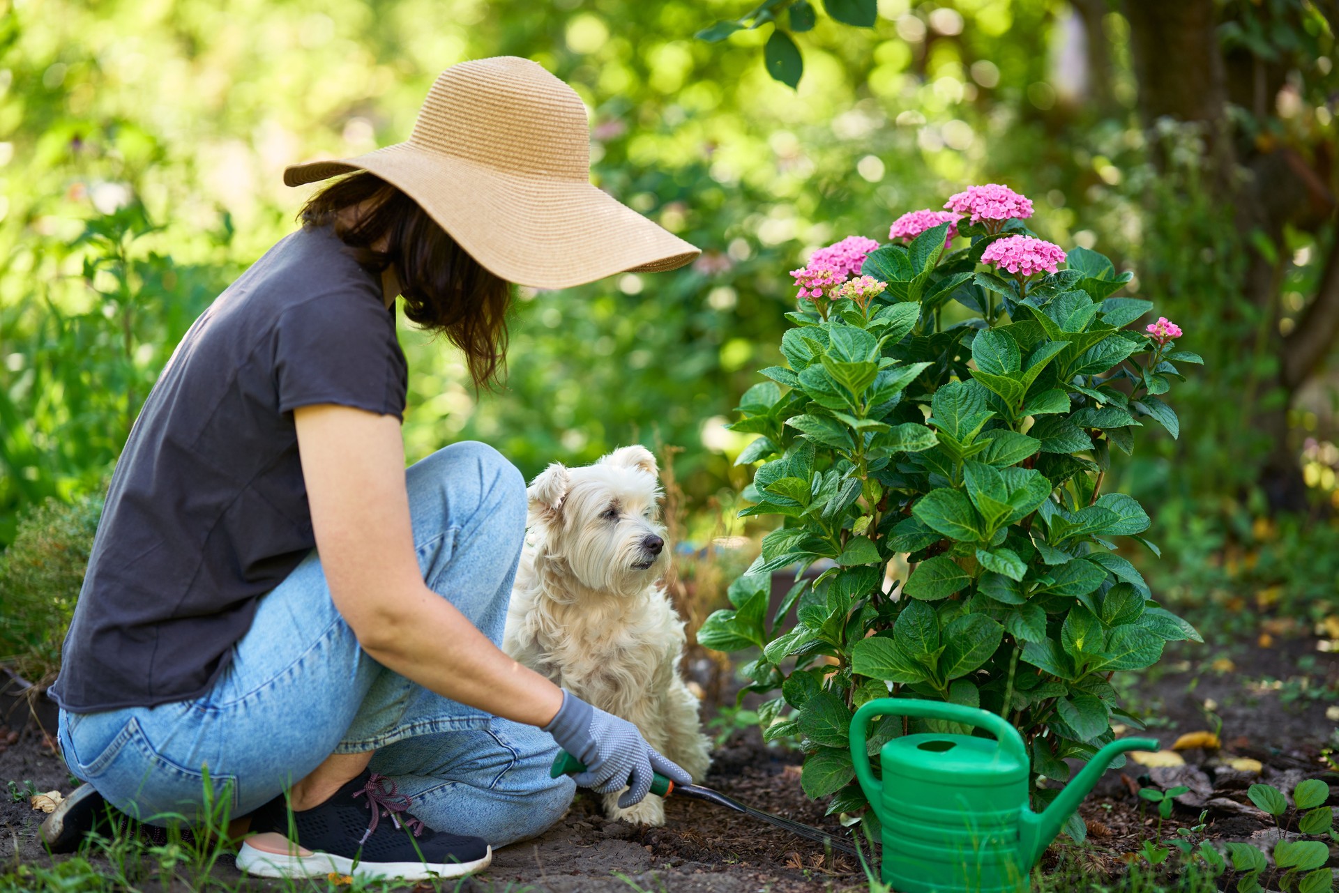 Young female in hat and gloves gardening with her dog